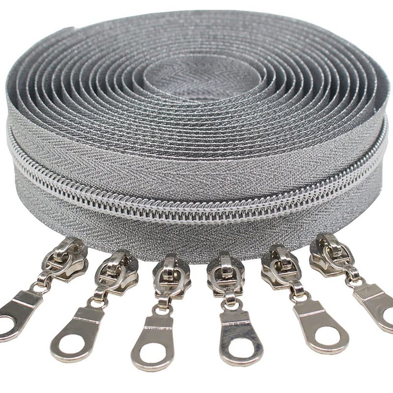 MebuZip #5 سحابات لفائف النايلون الفضية المعدنية من The Yard Bulk Coil Zipper Roll 10 ياردات مع 25 قطعة سحب لحقائب الخياطة اليدوية (شريط فضي) - Image 1